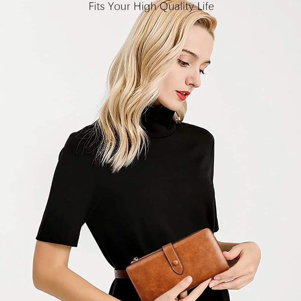 Women’s Leather Wallet RFID Blocking Large Capacity Trifold Cardholder Clutch